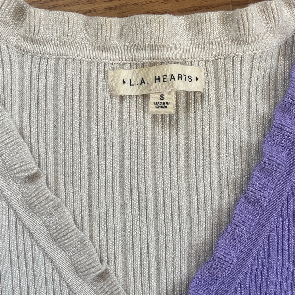 La Hearts Women's Ribbed Button-Up Top - Cream and Purple - Picture 2 of 3
